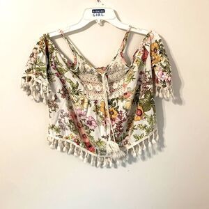 Cynthia Mehra | Floral Cold Shoulder Women’s Cropped Tank with Tassels